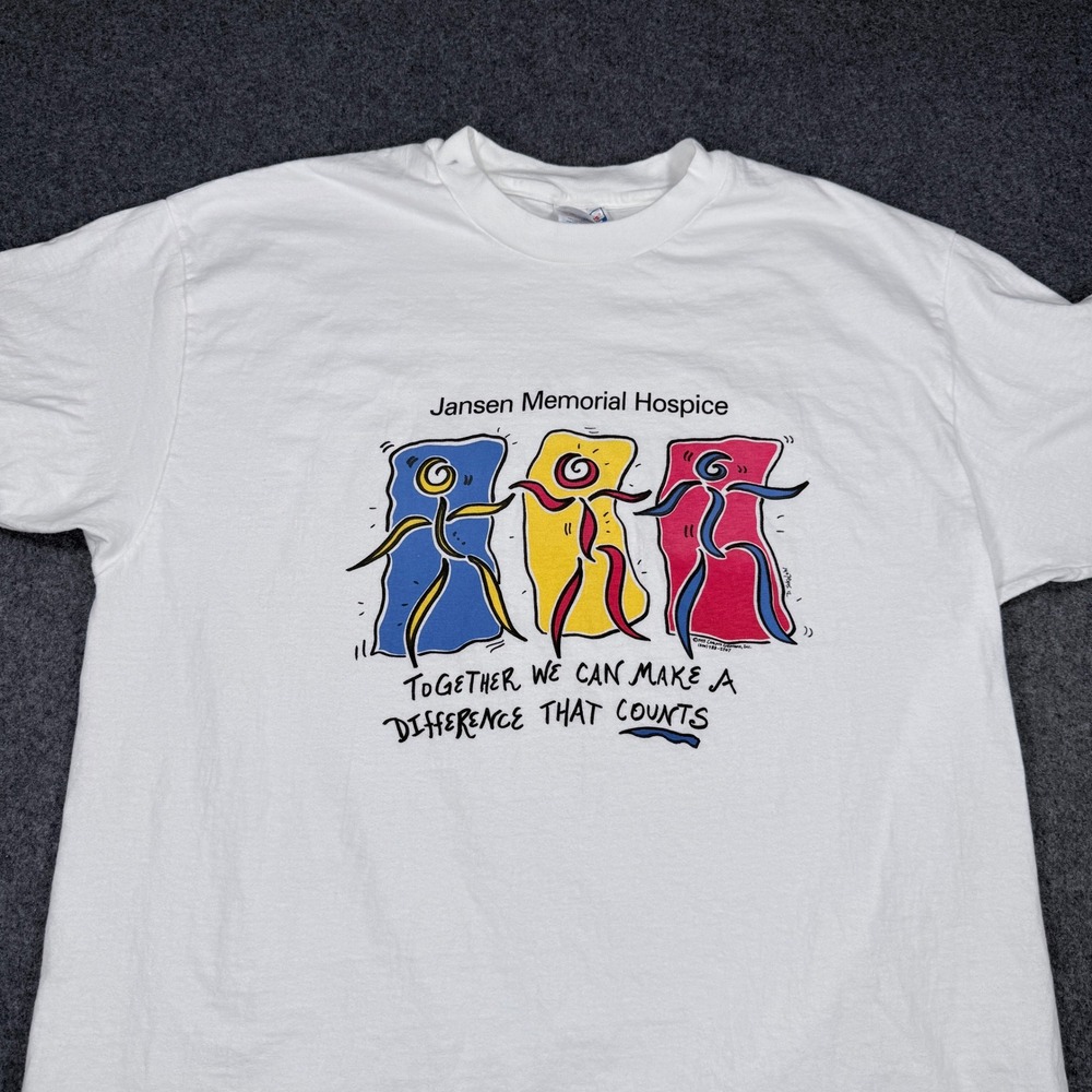 Vintage 1995 Hanes Beefy-T Jansen Memorial Hospice Graphic T-Shirt White XL USA